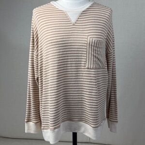 Striped neutral, crewneck pullover, top pocket, soft lounge, medium